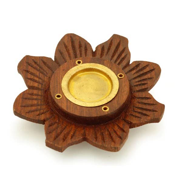 Incense Burner - Wooden Round Plate Lotus - 4 inches