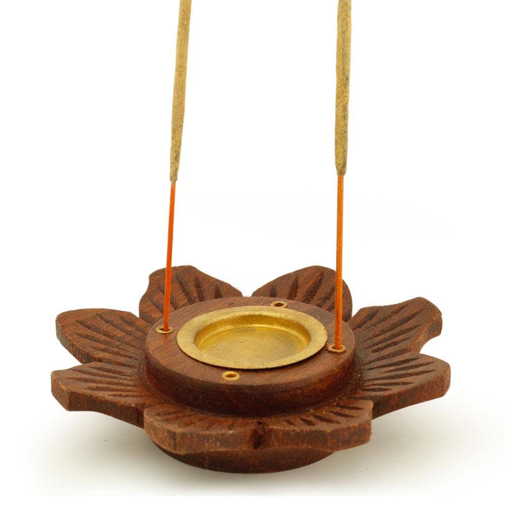 Incense Burner - Wooden Round Plate Lotus - 4 inches