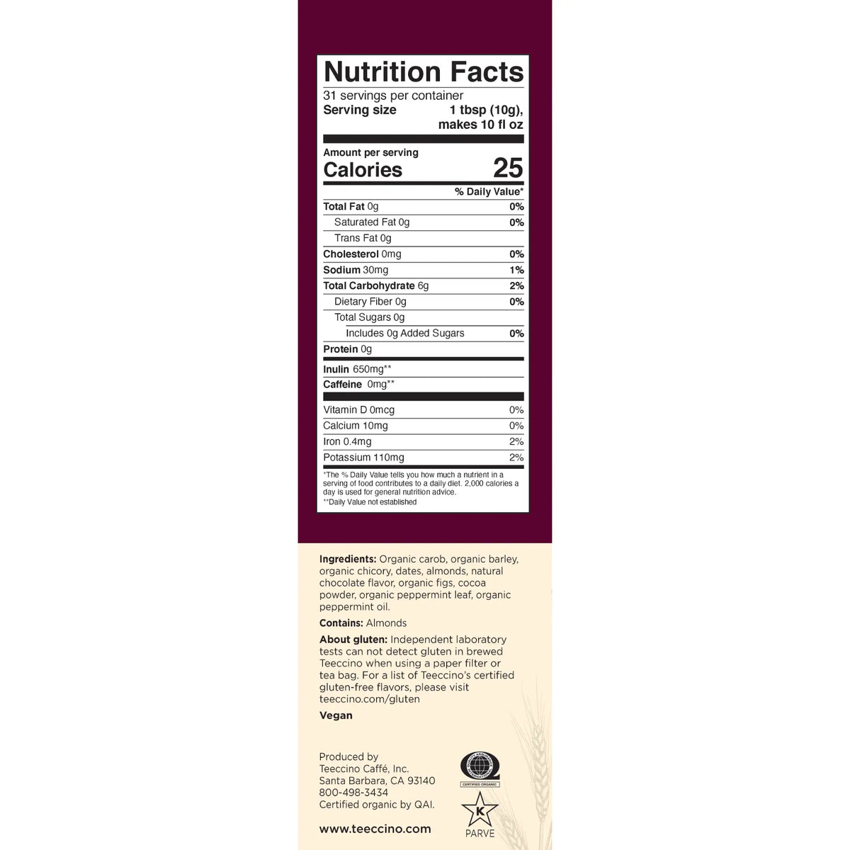 Chocolate Peppermint Chicory Herbal Coffee-75% Organic