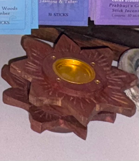 Prabhuji's Gifts - Incense Burner - Wooden Round Plate Lotus - 4 inches