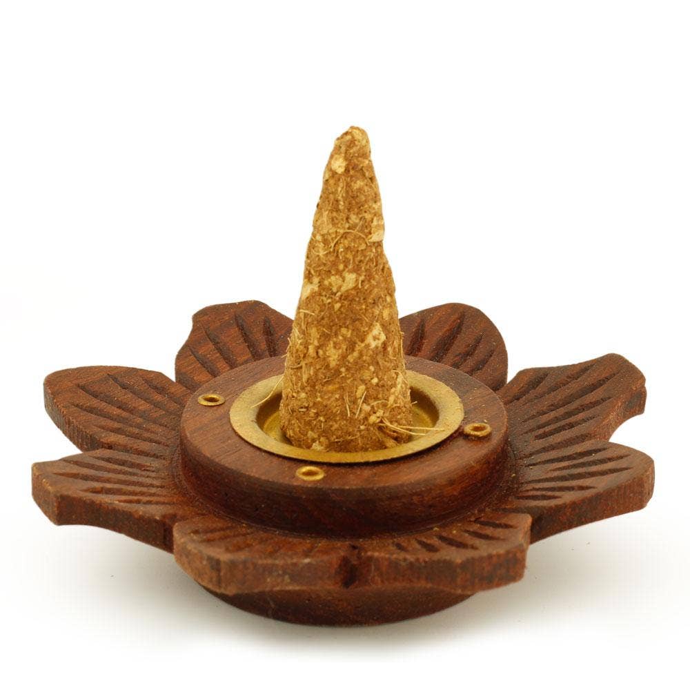 Incense Burner - Wooden Round Plate Lotus - 4 inches